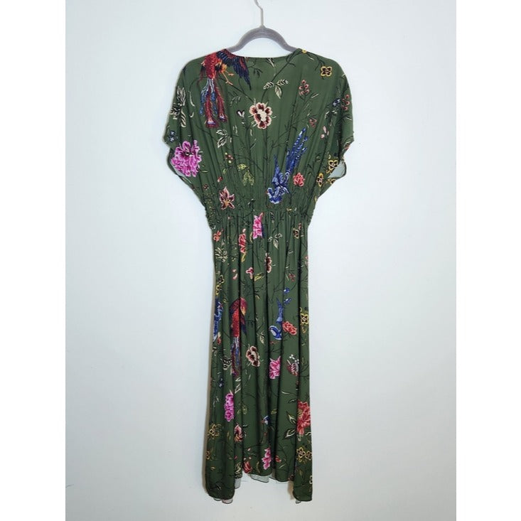 Yumi Green Floral Ruched Waist Midi Dress Size 8 Wedding Guest Dress