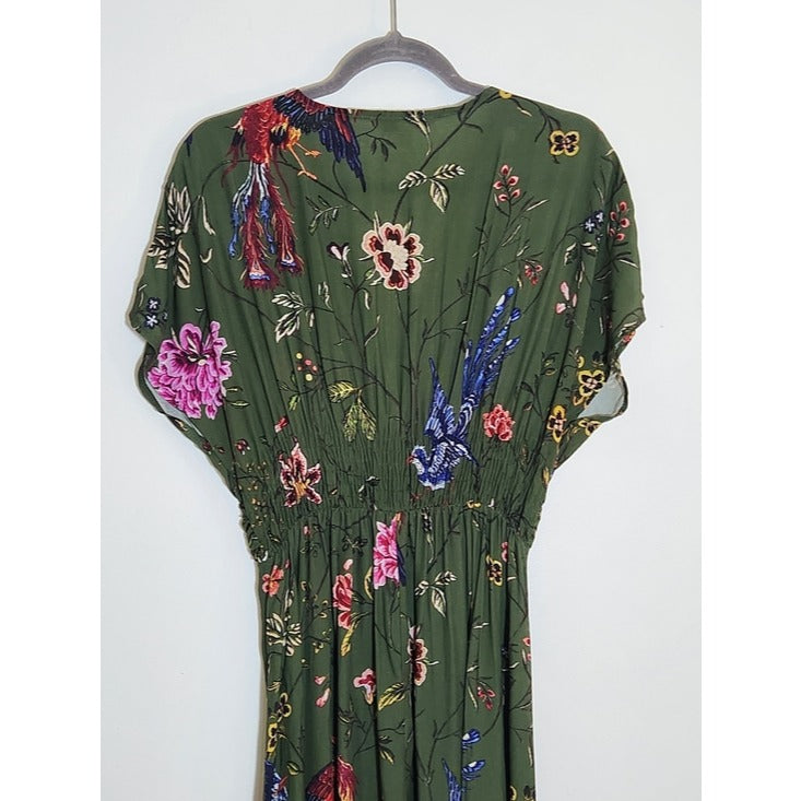 Yumi Green Floral Ruched Waist Midi Dress Size 8 Wedding Guest Dress