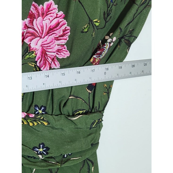 Yumi Green Floral Ruched Waist Midi Dress Size 8 Wedding Guest Dress