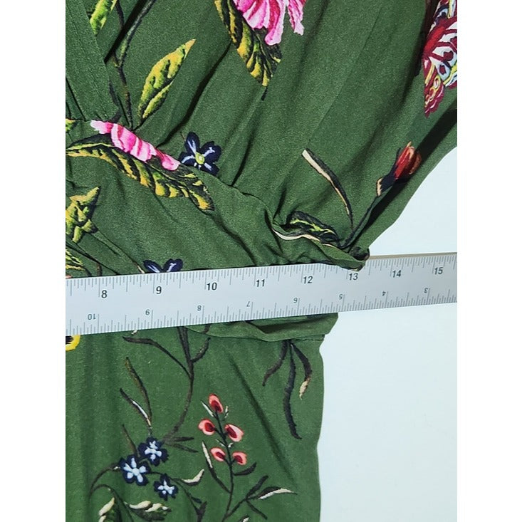 Yumi Green Floral Ruched Waist Midi Dress Size 8 Wedding Guest Dress