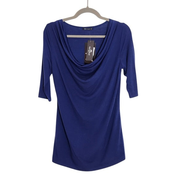 Nally & Millie Navy Blue Draped Neckline Top Size Medium NWT