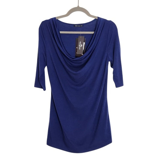 Nally & Millie Navy Blue Draped Neckline Top Size Medium NWT