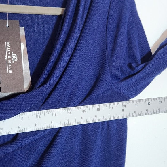 Nally & Millie Navy Blue Draped Neckline Top Size Medium NWT