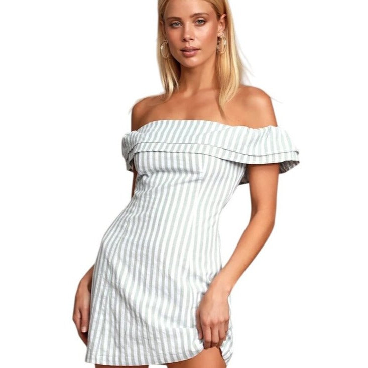 Lulus Sage Green and White Stripe Off the Shoulder Mini Dress Size XS NWT