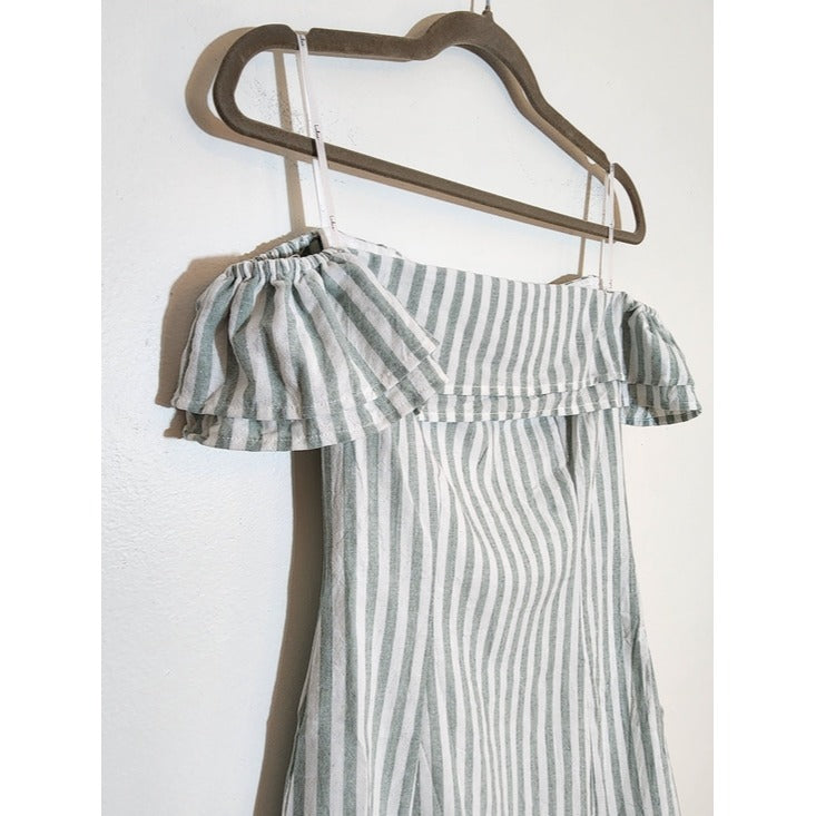Lulus Sage Green and White Stripe Off the Shoulder Mini Dress Size XS NWT