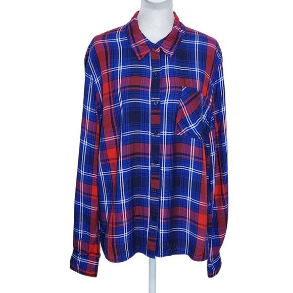 Como Vintage Navy and Red Plaid Button Down Shirt Size Large Preppy Plaid Shirt