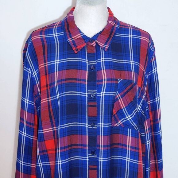 Como Vintage Navy and Red Plaid Button Down Shirt Size Large Preppy Plaid Shirt
