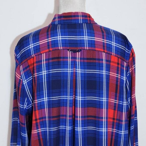 Como Vintage Navy and Red Plaid Button Down Shirt Size Large Preppy Plaid Shirt