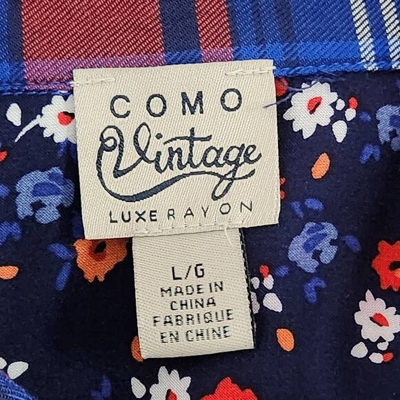 Como Vintage Navy and Red Plaid Button Down Shirt Size Large Preppy Plaid Shirt