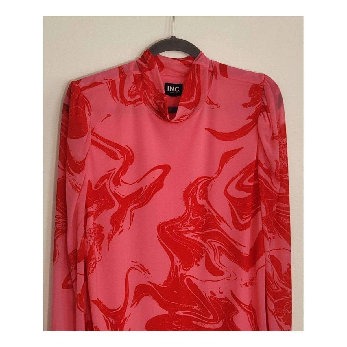 INC Pink and Red Abstract Print Mesh Mock Neck Top Size XXL