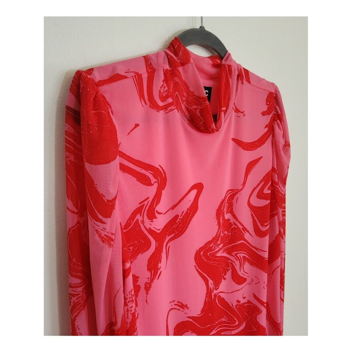 INC Pink and Red Abstract Print Mesh Mock Neck Top Size XXL