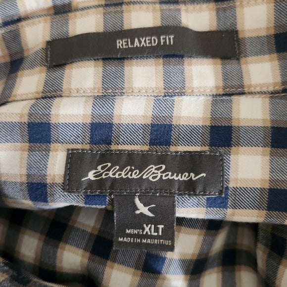 Eddie Bauer Men's Blue and Brown Check Button Down Shirt Size XL Tall