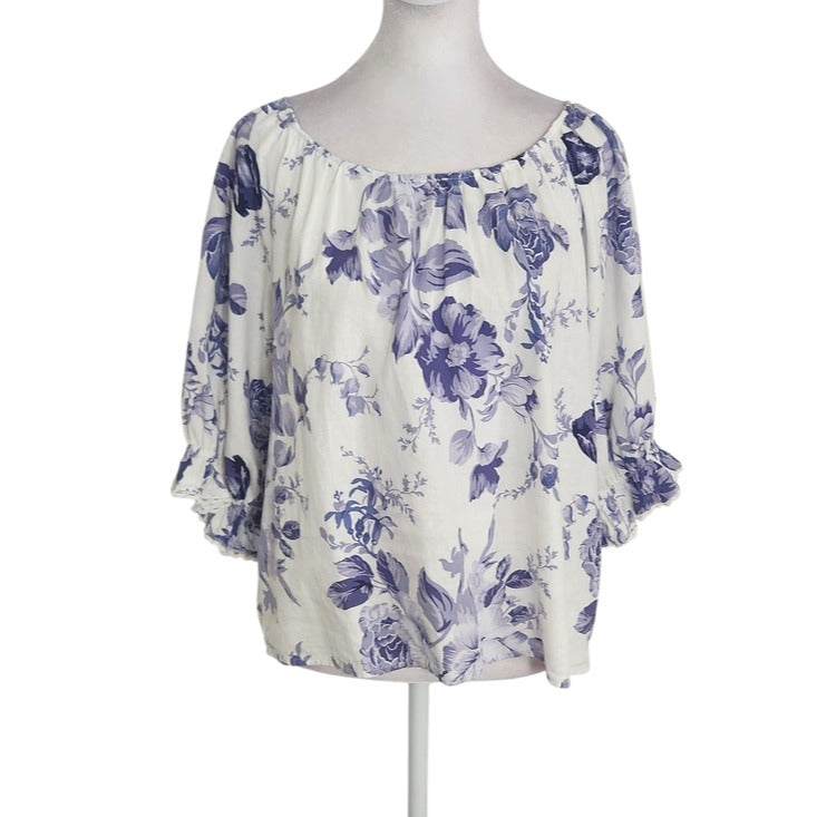 Laura Ashley Linen Blend White and Purple Floral Blouse Size Large