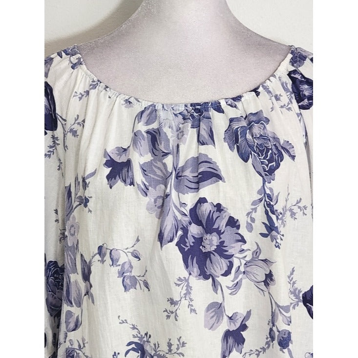 Laura Ashley Linen Blend White and Purple Floral Blouse Size Large
