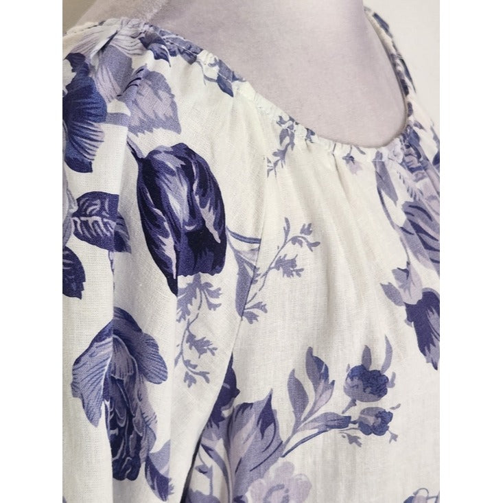 Laura Ashley Linen Blend White and Purple Floral Blouse Size Large