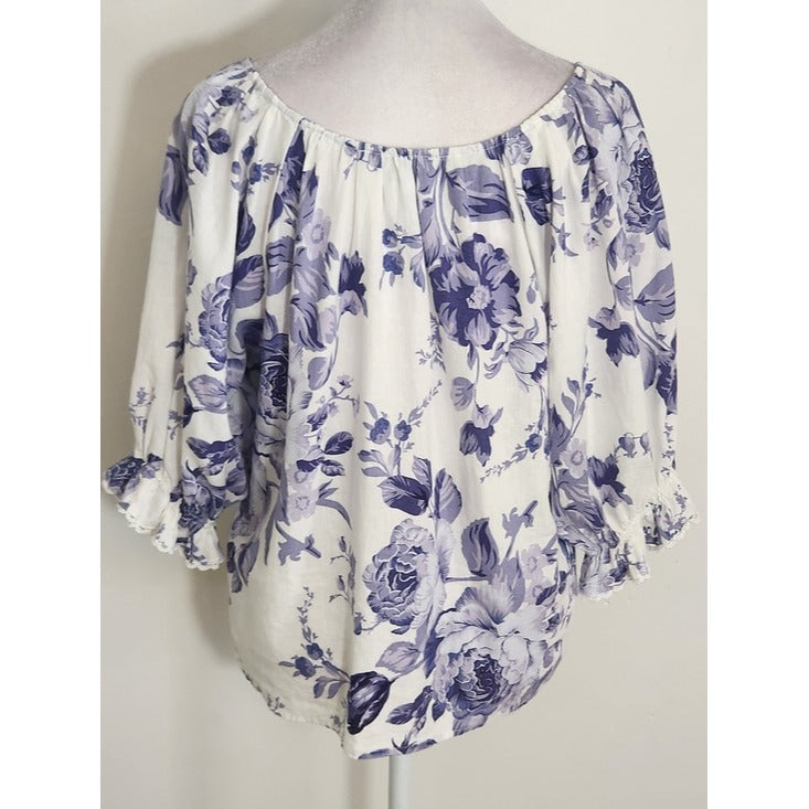 Laura Ashley Linen Blend White and Purple Floral Blouse Size Large