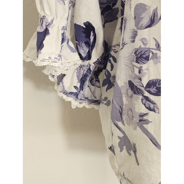 Laura Ashley Linen Blend White and Purple Floral Blouse Size Large