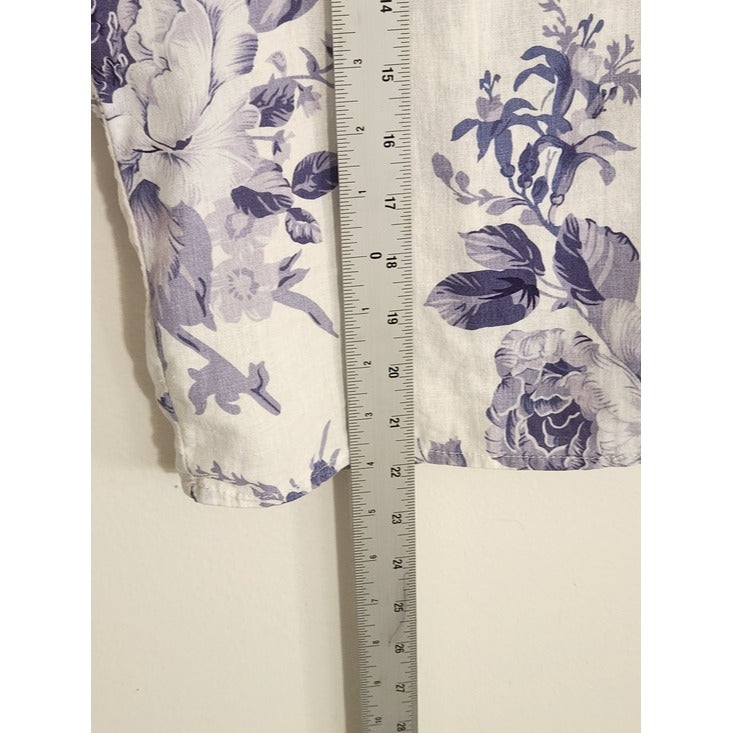 Laura Ashley Linen Blend White and Purple Floral Blouse Size Large