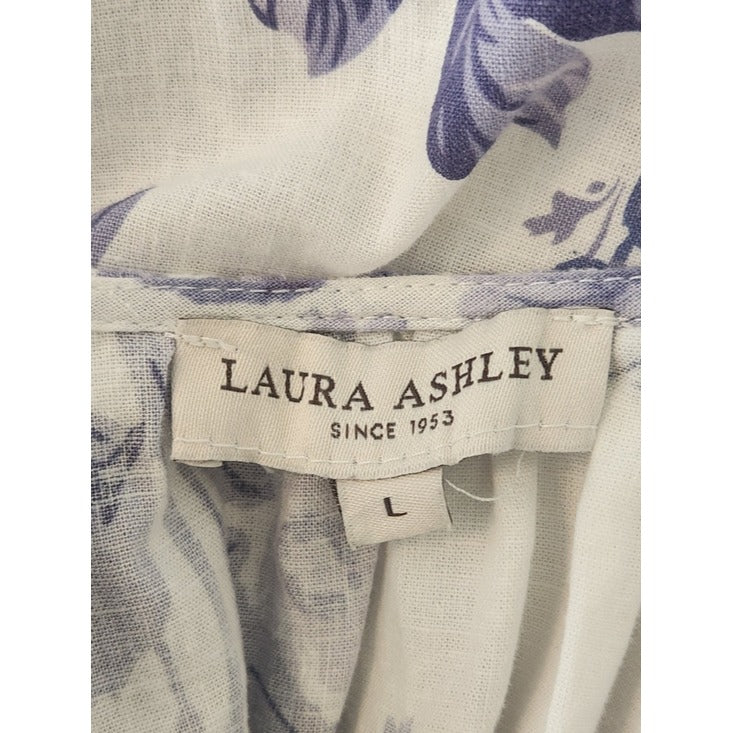 Laura Ashley Linen Blend White and Purple Floral Blouse Size Large