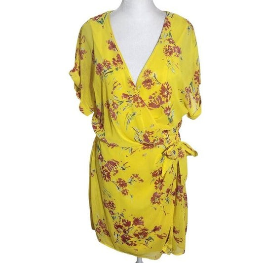 All in Favor Yellow Floral Mini Wrap Dress Size Medium, New