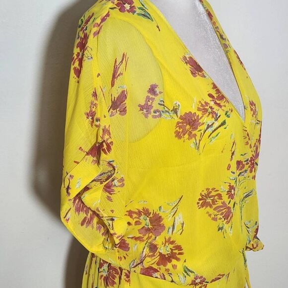All in Favor Yellow Floral Mini Wrap Dress Size Medium, New