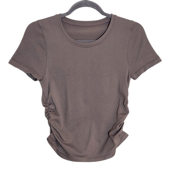 OQQ Brown Short Sleeve Ruched Top Size Medium