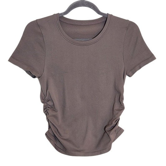 OQQ Brown Short Sleeve Ruched Top Size Medium