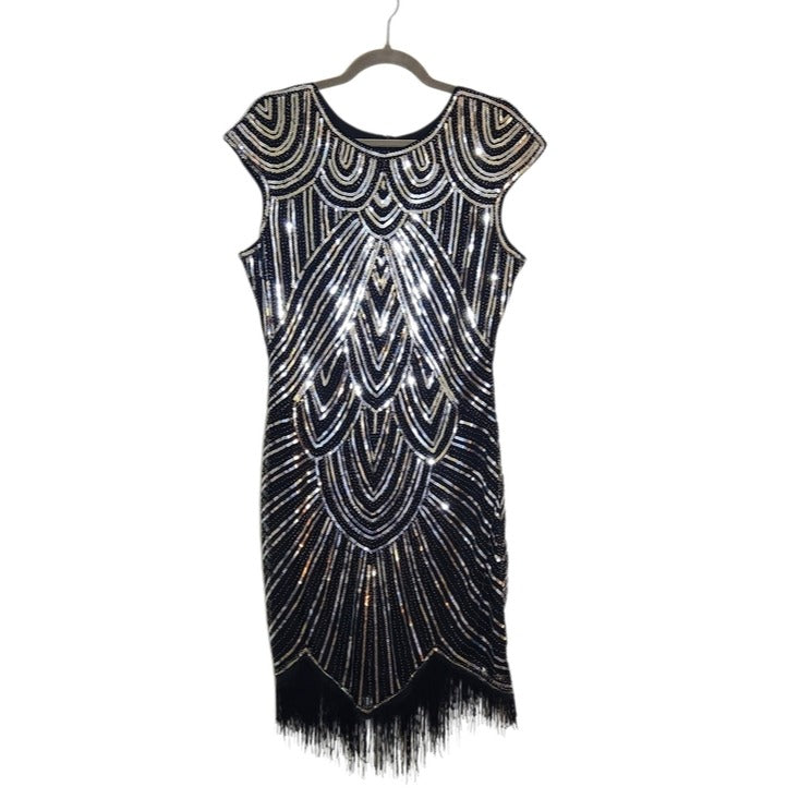 Womens Black and Silver Sequin Flapper Cocktail Dress Size XXL