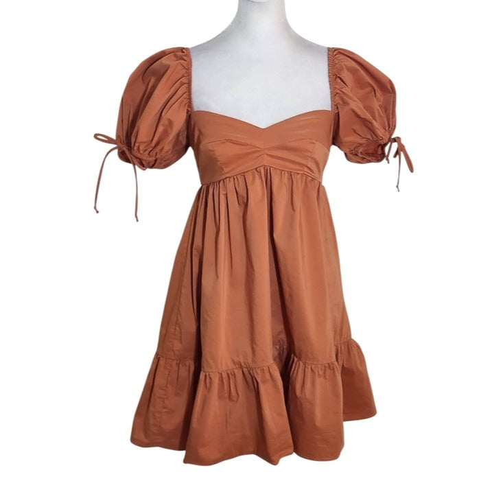 Olivaceous Terra Cotta Puffy Sleeve Mini Dress Size Small Wedding Guest Dress