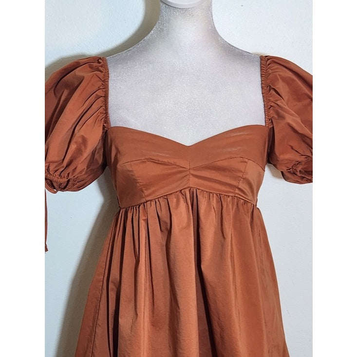 Olivaceous Terra Cotta Puffy Sleeve Mini Dress Size Small Wedding Guest Dress