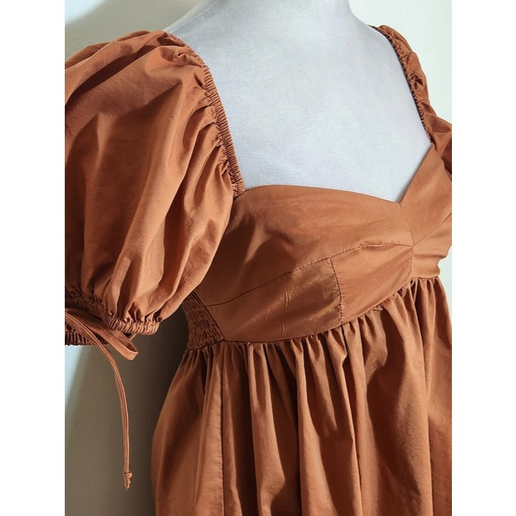 Olivaceous Terra Cotta Puffy Sleeve Mini Dress Size Small Wedding Guest Dress