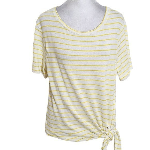 a loves a Yellow Striped Short Sleeve Tee with Tie Size Medium Linen Striped Tee