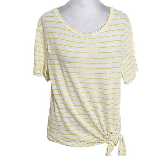 a loves a Yellow Striped Short Sleeve Tee with Tie Size Medium Linen Striped Tee