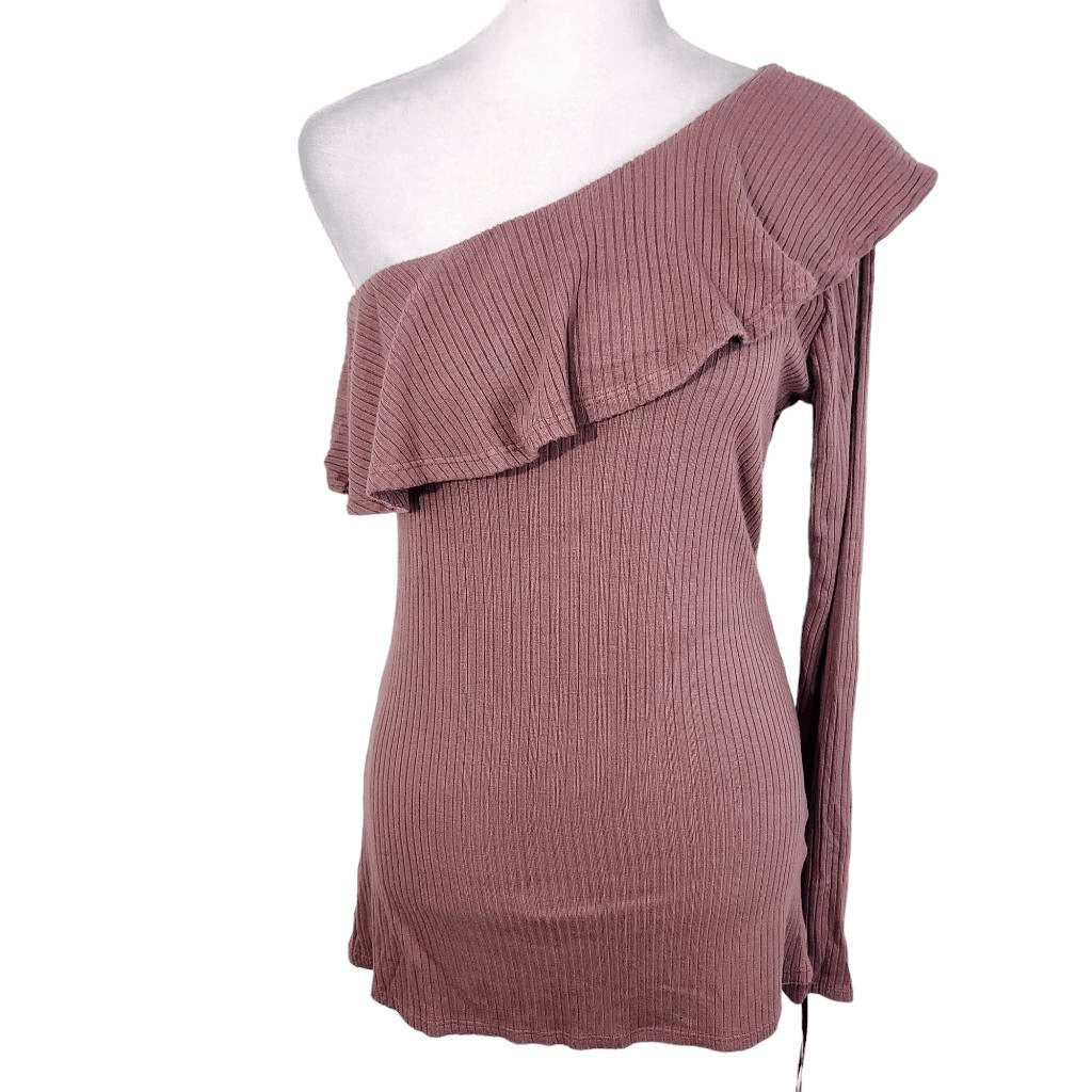 Michael Lauren Mauve Ribbed Knit One Shoulder Top Ruffle Accent NWT Size Large