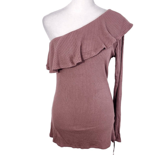 Michael Lauren Mauve Ribbed Knit One Shoulder Top Ruffle Accent NWT Size Large