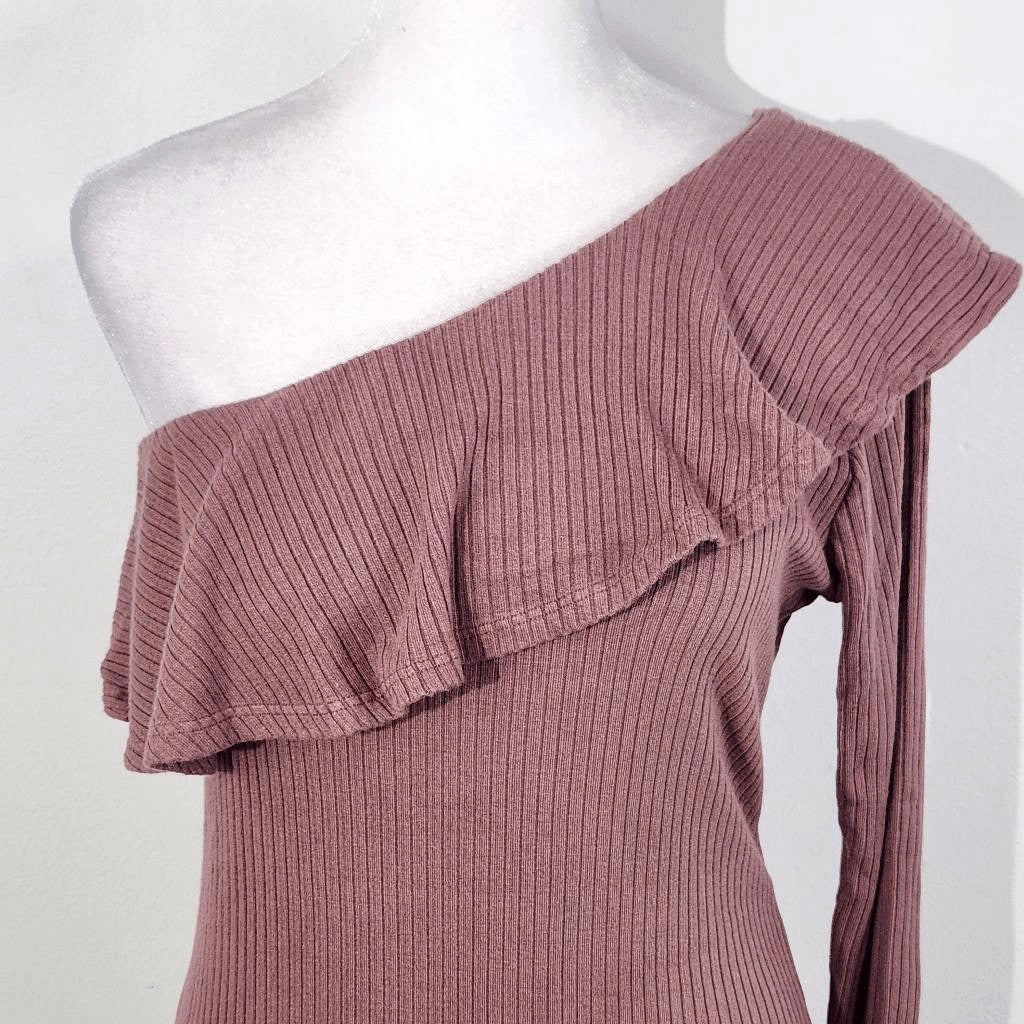 Michael Lauren Mauve Ribbed Knit One Shoulder Top Ruffle Accent NWT Size Large