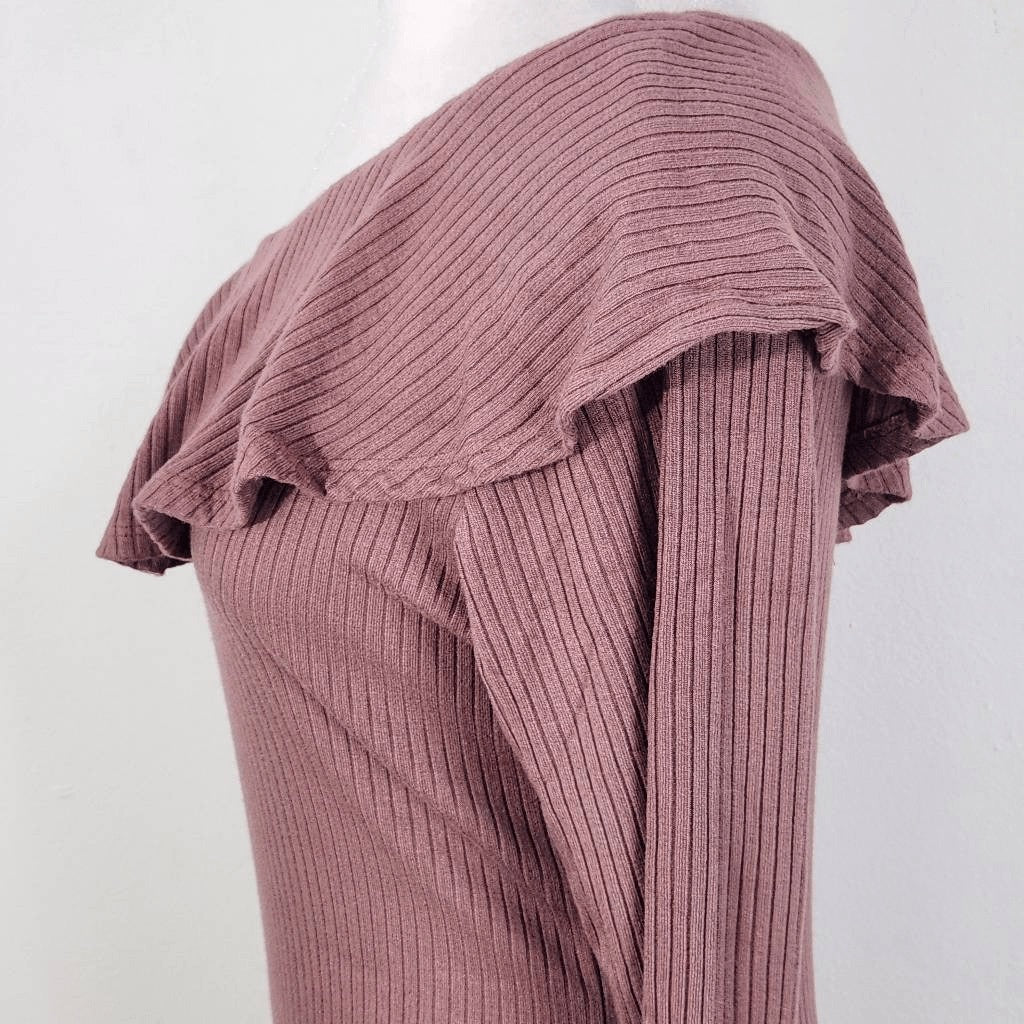 Michael Lauren Mauve Ribbed Knit One Shoulder Top Ruffle Accent NWT Size Large