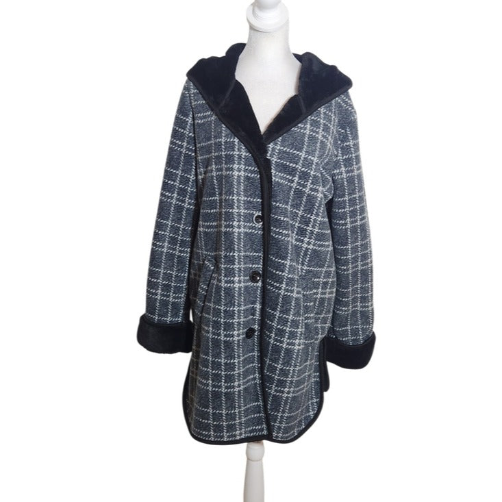 Ike Behar Womens Dark Gray Plaid Plush Coat Size Medium