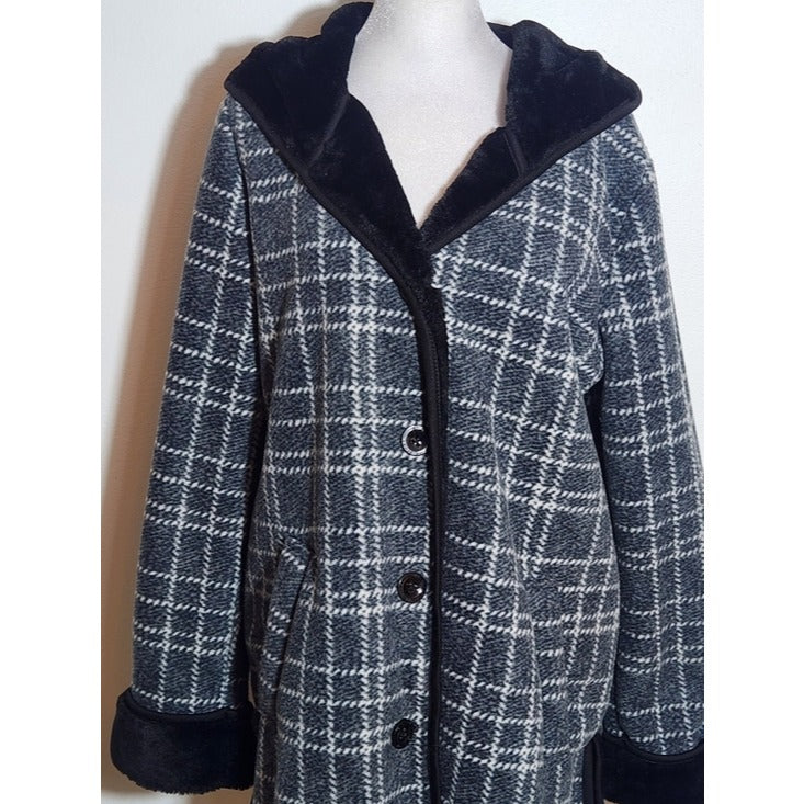 Ike Behar Womens Dark Gray Plaid Plush Coat Size Medium