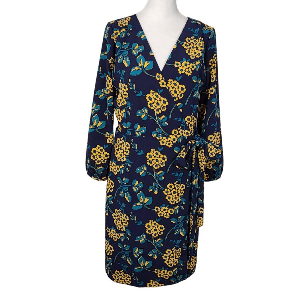 J. Crew Navy and Gold Floral Wrap Dress Size 4 Wedding Guest Dress