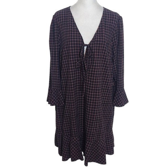 Time and Tru Black Plaid V-Neck Mini Dress with Ruffles and Tie Neckline Sz XL
