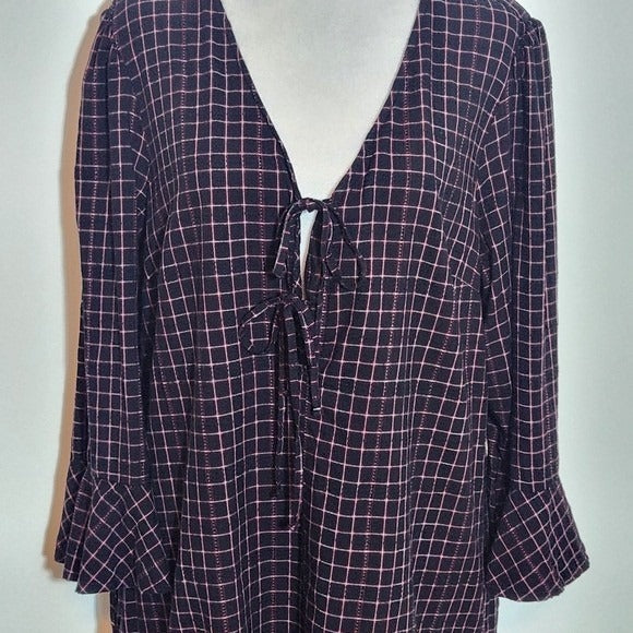 Time and Tru Black Plaid V-Neck Mini Dress with Ruffles and Tie Neckline Sz XL