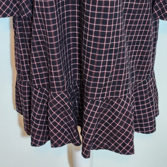 Time and Tru Black Plaid V-Neck Mini Dress with Ruffles and Tie Neckline Sz XL