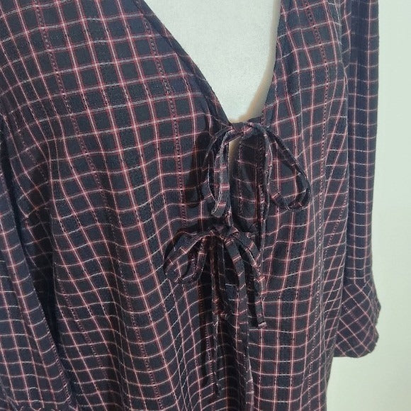 Time and Tru Black Plaid V-Neck Mini Dress with Ruffles and Tie Neckline Sz XL