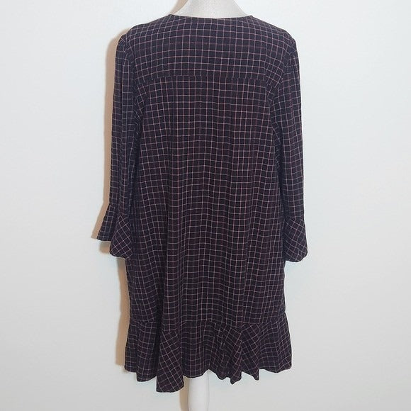 Time and Tru Black Plaid V-Neck Mini Dress with Ruffles and Tie Neckline Sz XL