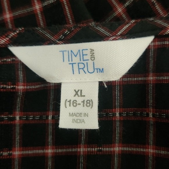 Time and Tru Black Plaid V-Neck Mini Dress with Ruffles and Tie Neckline Sz XL