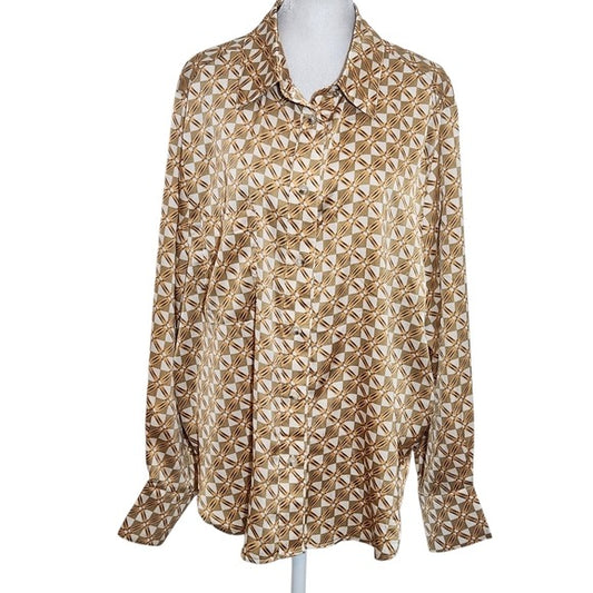 &Merci Geometric Print Satin Button Down Shirt Size Large Retro Print Top