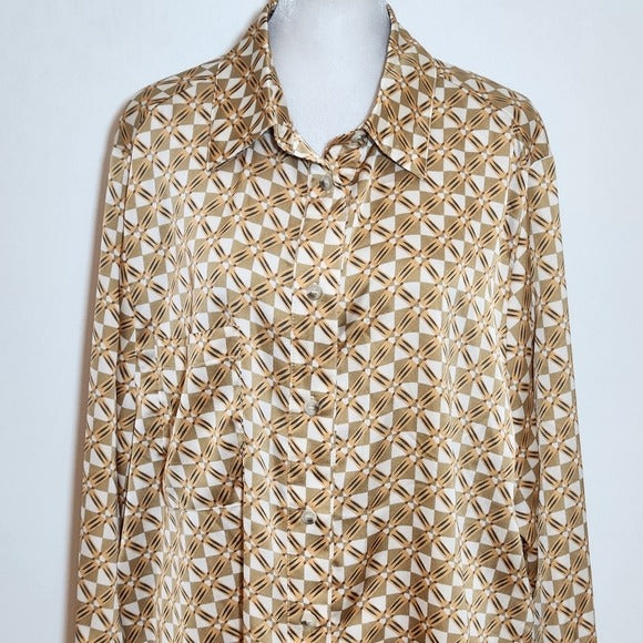 &Merci Geometric Print Satin Button Down Shirt Size Large Retro Print Top