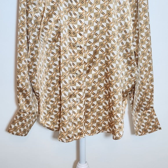 &Merci Geometric Print Satin Button Down Shirt Size Large Retro Print Top