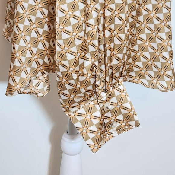 &Merci Geometric Print Satin Button Down Shirt Size Large Retro Print Top